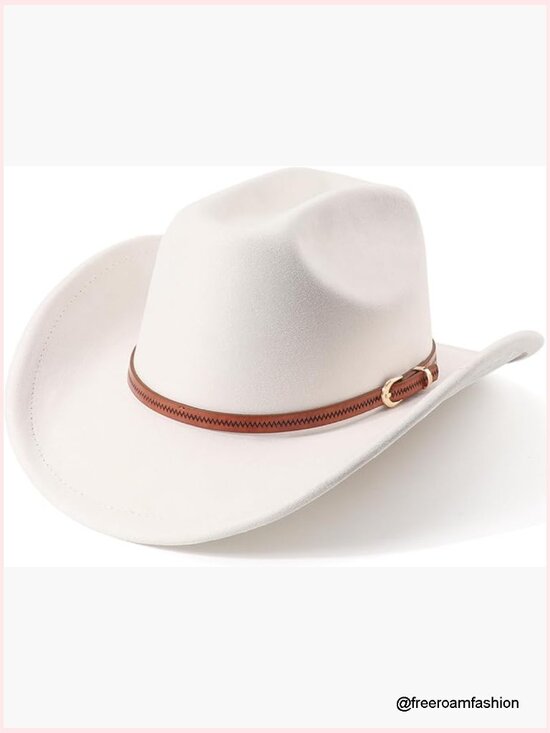 Classic Felt Wide Brim Cowboy Hat with Belt Buckle Retro Fedora Unisex main image 7